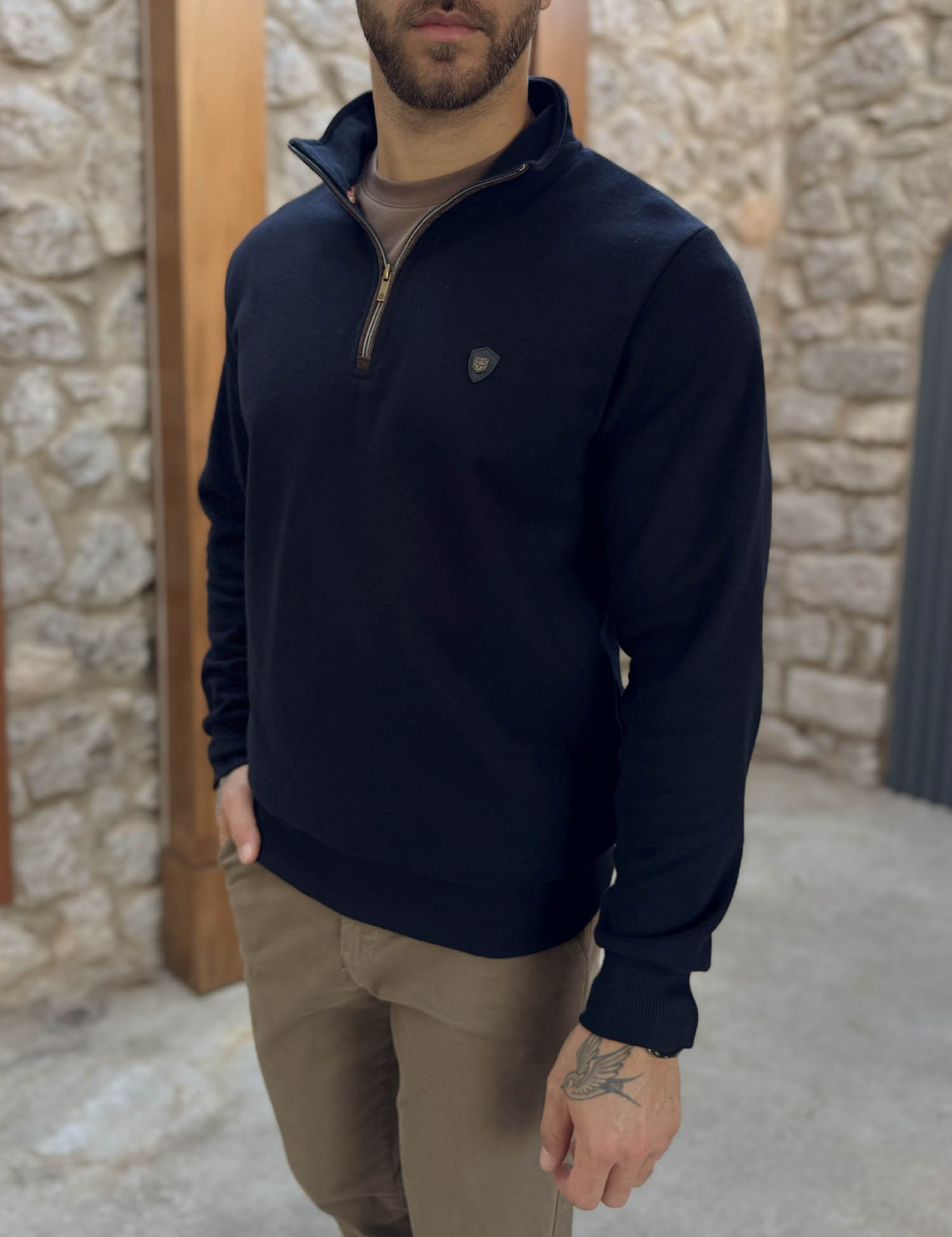 Everbest Ανδρική μπλε navy ριπ με βελούδινη υφή μπλούζα με γιακά και φερμουάρ 261039 φωτογραφία